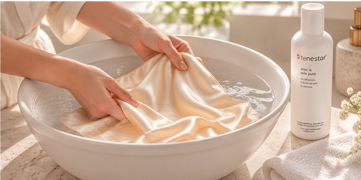 Une femme lave manuellement son carré de soie coloris champagne dans une bassine d'eau claire
