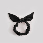 Thin black silk scrunchie with a bow, made from 25-momme mulberry silk