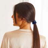 Thin navy blue silk scrunchie by Maison de la soie