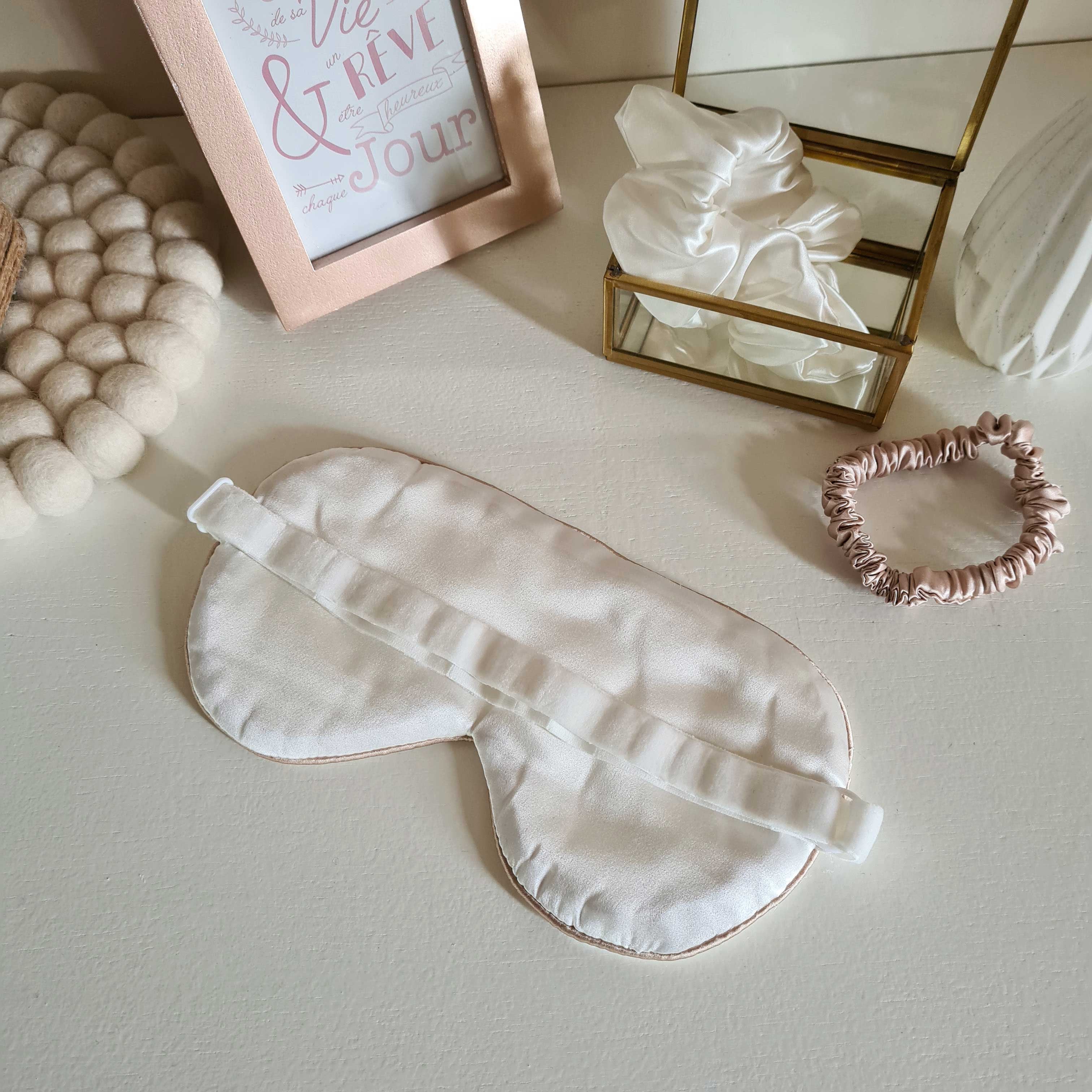 Ivory silk sleep mask with caramel trim and elastic band