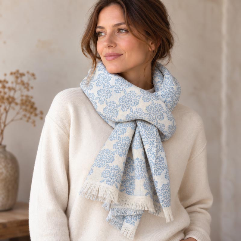 Écharpe à fleurs en coton bio, laine mérinos et soie confectionnée en France